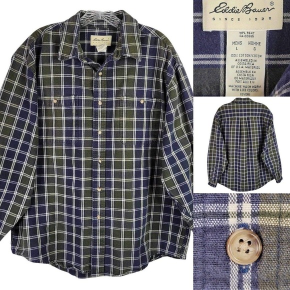 Eddie Bauer Shirt Vintage Mens Large Blue Green Plaid Button Up LS Heavy Canvas - Picture 1 of 8